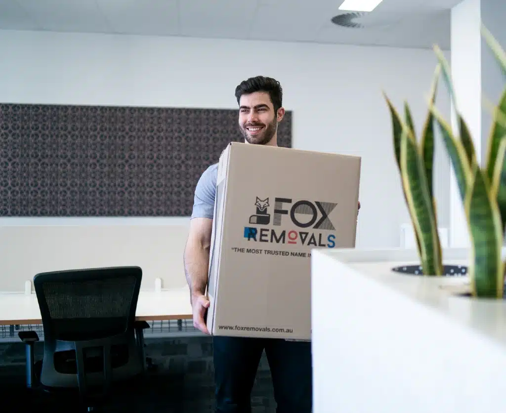 Fox Removal team member moving boxes in an office